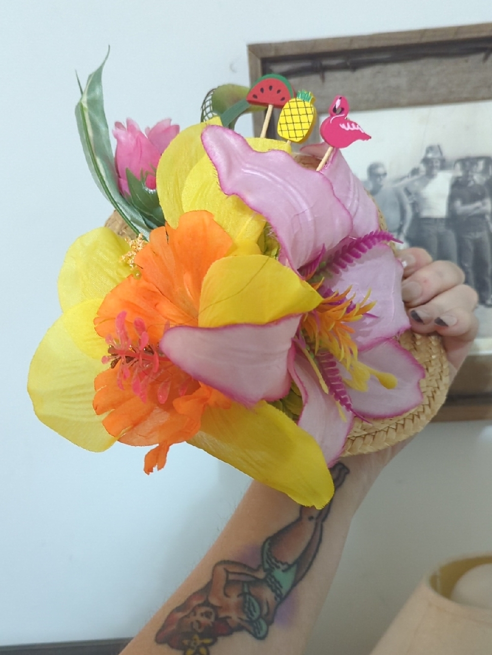 Tropical Flower Straw Hat Clip - Bright Yellow, Pink & Orange